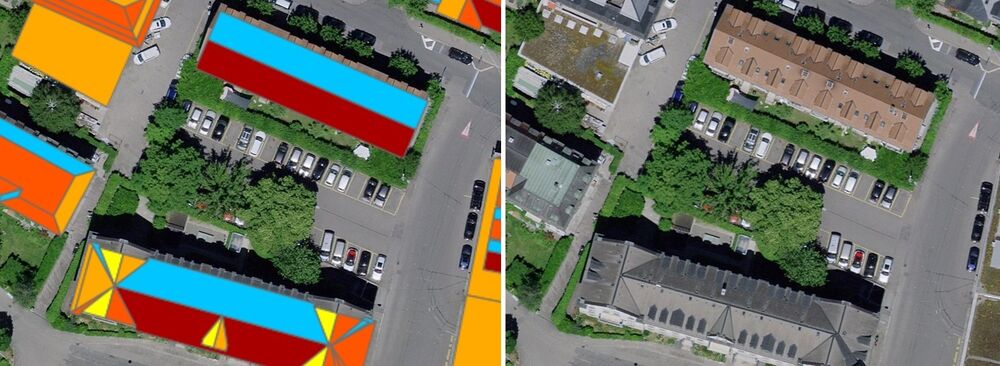 Städtische Dächer scheinen oft ein beträchtliches Energiepotenzial zu haben, doch in Wirklichkeit weisen sie oft zu komplexe Formen auf. Nichtsdestotrotz sollte so viel Energie wie möglich auf den Dächern gewonnen werden, wo sie benötigt wird, und in der Form, wie sie genutzt wird. Daher ist die effiziente und maximale Nutzung der Dachflächen umso wichtiger. (Bild: sonnendach.ch, mit Legende zur Eignung der Dächer: rot = topp, orange = sehr gut, gelb = mittel, blau = gering, grau = nicht bestimmt)